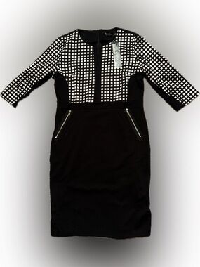 NWT Homeyee Sz 14 Black and White Checked 3/4 Sleeve Sheath Dress w/ zip details